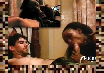Sex addict afro bitch sucking white penis with lust