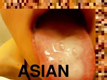 asiático, engolindo, ejaculação