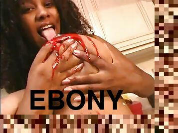 Ebony hottie Chaka T smears her boobs and takes a ride on a cock