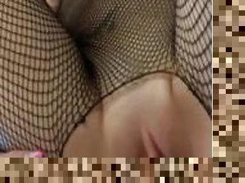 destroying her pussy underneath those fishnets