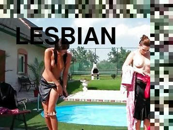 Wet topless lesbians having a WAM sex pool party