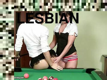 Sexy babes in sexy clothes fucking on the billiard table