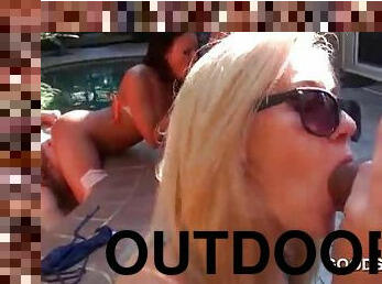 Hot blonde slut mouth fucking dick at outdoor orgy