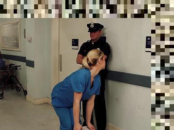 Nurse Tara Lynn Fox drops on her knees to give a sloppy blowjob