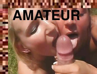 Amateur outdoor threesome action with facial cumshot