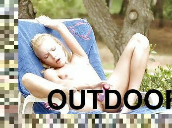 Hot Blonde Toys With A Dildo Outdoors