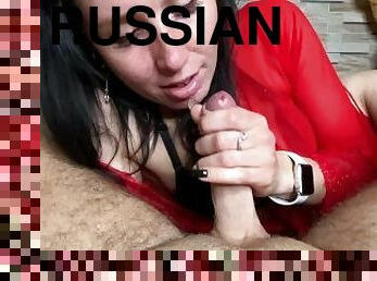 RUSSIAN WHITE MOM Sucked off, Pushed her cheek and licked her ass