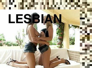 Slutty girls in high heels having lesbian sex in veranda