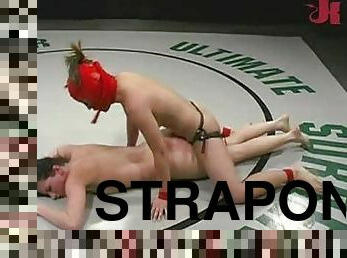 Masked Wrestle Babes Fucks Brunette With A Strapon