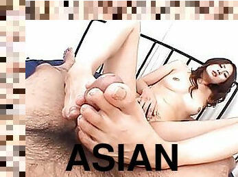 Risa Naked Asian babe gives her guy a foot job with her sexy feet