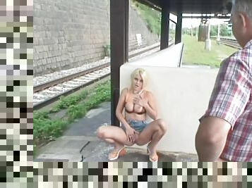 Outdoors deep pussy fucking shoot with a busty blonde pornstar