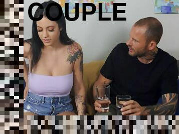 Tattooed couple enjoys having hardcore sex on the sofa - Melody Foxx