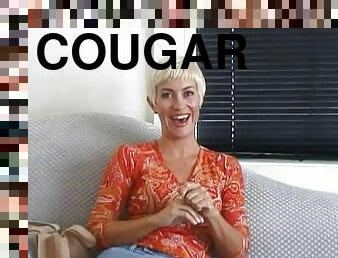 Tattooed cougar with short hair having her pussy fingered before being hammered hardcore in MMF sex