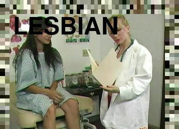 Brunette girl goes lesbian with a dirty gynecologist in hardcore clip