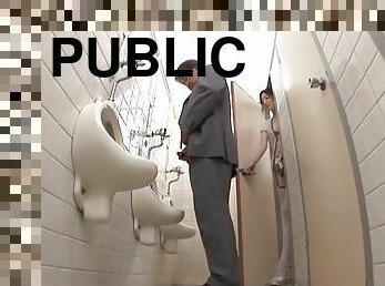 Sayoko blows a guy in a public restroom
