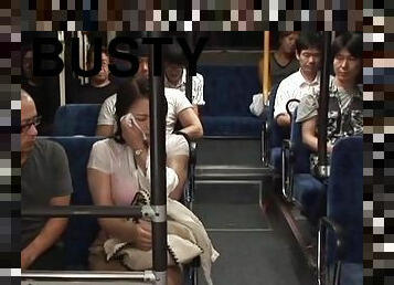 Two Guys Fucking a Busty Japanese Girl's Big Boobs in the Public Bus