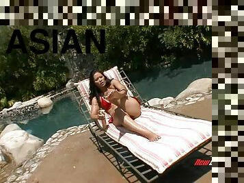 Asian hottie masturbating outdoors and sucking a big black cock