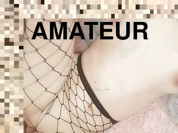 I'm being gently fucked in my pink pussy through my mesh pantyhose