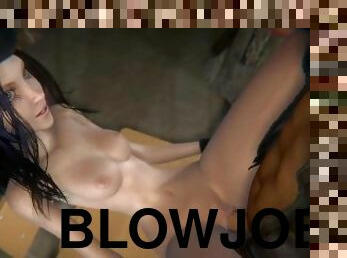 amatør, blowjob, cumshot, 3d, brunette, små-pupper