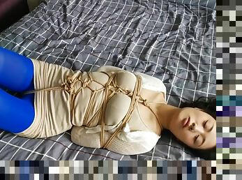 Asian Hogtied In Blue Stockings