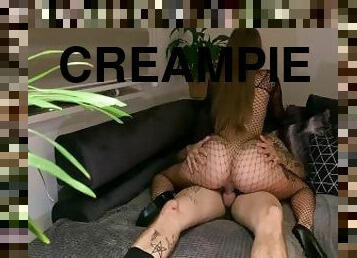 Fishnet phat booty cowgirl riding dick creampie before bed 4K