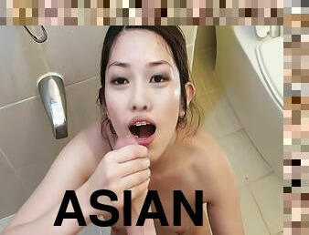 asiatique, baignade, gros-nichons, poilue, chatte-pussy, point-de-vue, ejaculation, douche