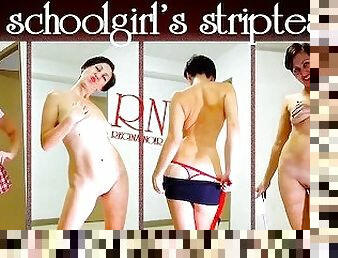 Schoolgirl shows striptease in an empty office. Show cunt