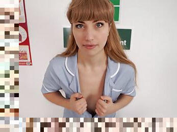 Nurse unbuttons her dress to flash her small tits at you