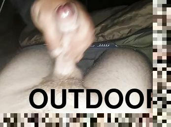 My boyfriend jerking me off while camping, Big load 1 week since I last cummed!