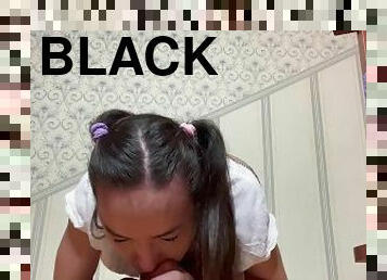 Hungry bitch plays with big black dildo. Sloppy deepthroat