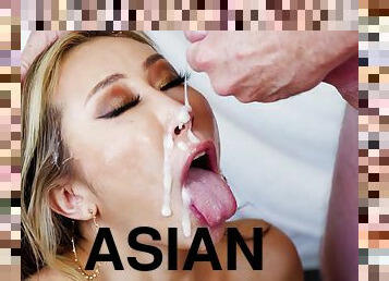 Asian wife Nicole Doshi gives a deepthroat and swallows sticky cum