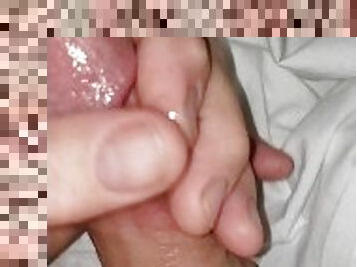 stroking cock and edging with precum running out