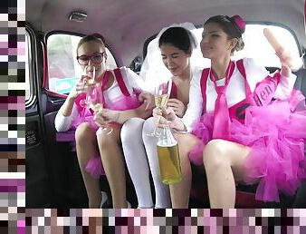 Cheerful bride Cristal Caitlin is ready for an amazing fuck in the taxi