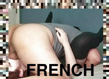 French Maid with Black Thigh High Socks Gives Sloppy Deepthroat 69 Blowjob to Boss