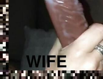 Wife wanking BBC dildo then sits on it