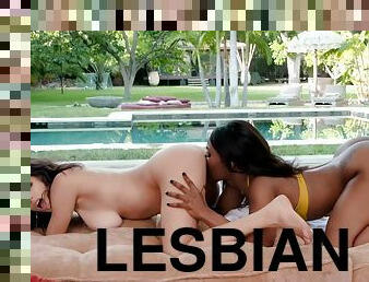 Lesbian Cuties Lie Down On Each Other To Orgasm At Poolside With Cutie Pie, Darcie Dolce And Sarah Banks