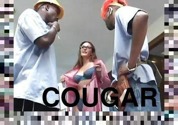 Cocky cougar in glasses gets dp in a rousing interracial mmf threesome