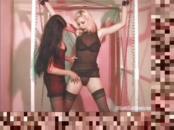 Lesbian dungeon bondage with tickling