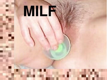 Hot milf wet pussy fucks 7inch glow dildo