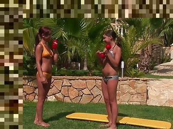 These two babe skip the sunbathing and have some lesbian fun