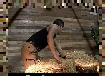 Jamming his cock in two hot chicks with juicy twats in a barn
