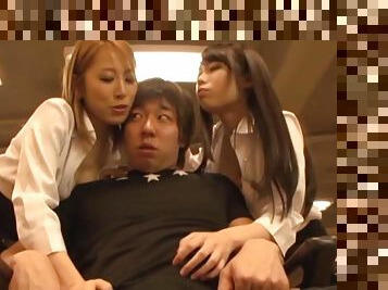 FFM threesome with two gorgeous Japanese pornstars and a lucky man