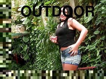 Outdoor interracial sex among Brazilian slut on high heels and a Latina