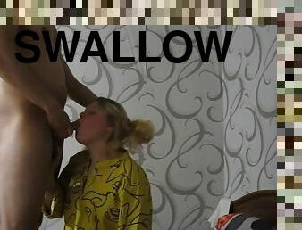 Sucks On Her Knees And Swallows Cum Completely