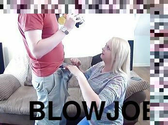 Blonde jodie awarding huge dick blowjob in close up