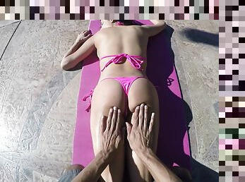 White girl enjoying some big black cock while sunbathing