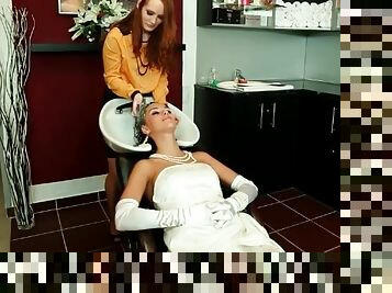 Washing hair of the bride with gooey mess