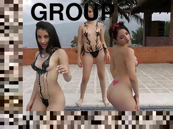 udendørs, latiner, gruppesex-groupsex, trekanter, brunette, drillende