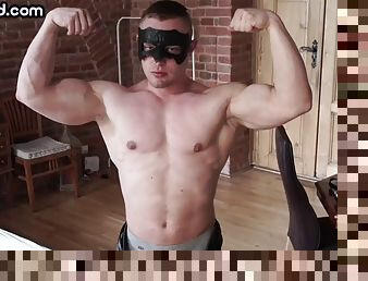 Str8 muscle man in mask jerks off cock in solo action