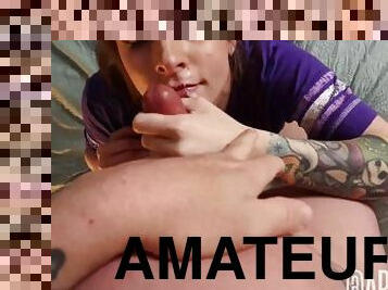 Tattooed Amateur Gives Sloppy Blowjob -facial cumshot